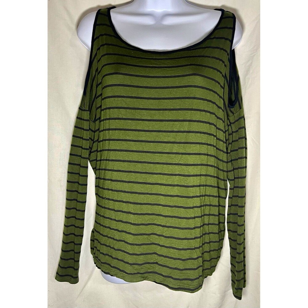 Forever 21 Women Medium Striped Cold Shoulder Top Olive Green Black Long Sleeve